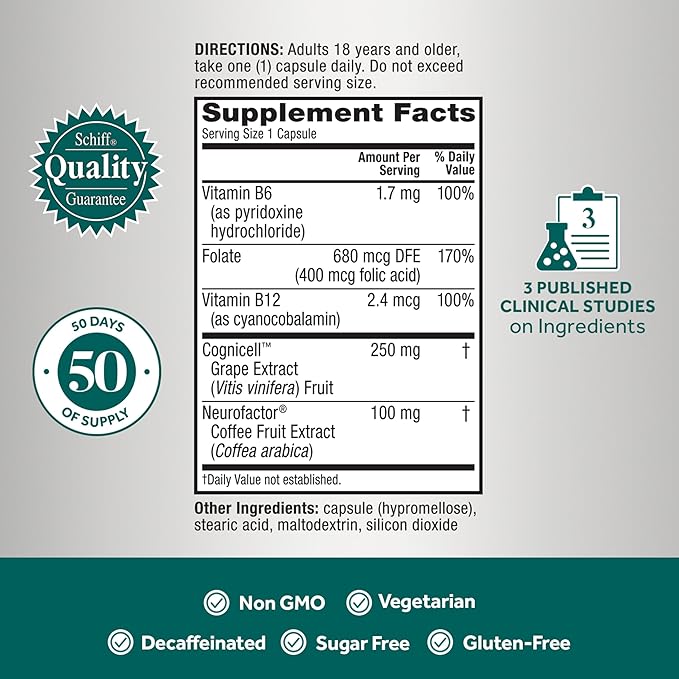 NEURIVA Memory 3D Brain Supplement - Decaffeinated Nootropic Capsules for Memory & Cognitive Function - Short Term, Long Term, & Working Memory Support - 50ct