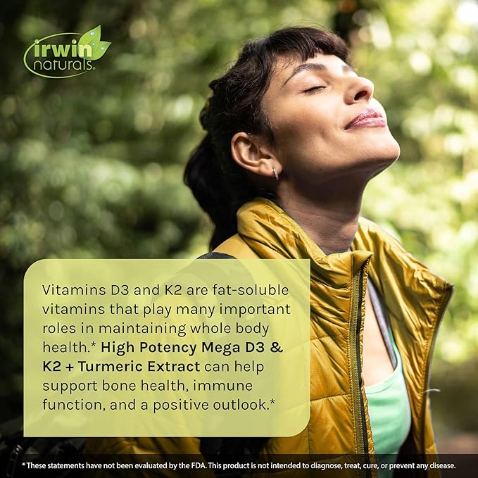 Irwin Naturals High Potency Mega D3 & K2 + Turmeric Extract for Healthy Bones, Immune Function & Positive Mood - Advanced Absorption with Magnesium, Turmeric, Bamboo & Omega Oil - 60 Liquid Softgels