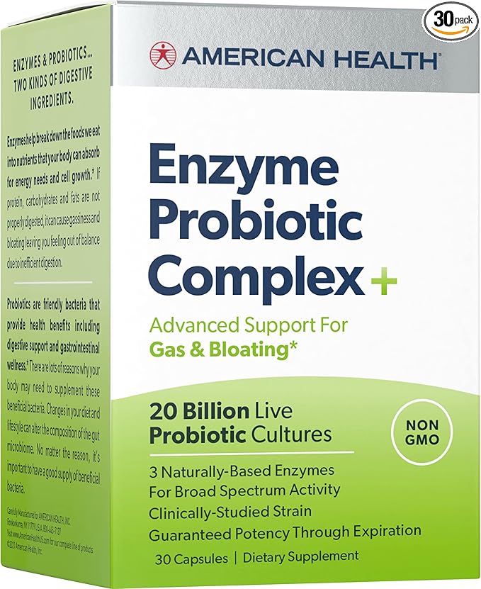 AMERICAN HEALTH Enzyme Probiotic Complex Plus, 20 Billion Microorganisms - Clinically Studied Strain - Advanced Support for Gas & Bloating* - Non-GMO - 30 Capsules, 30 Total Servings