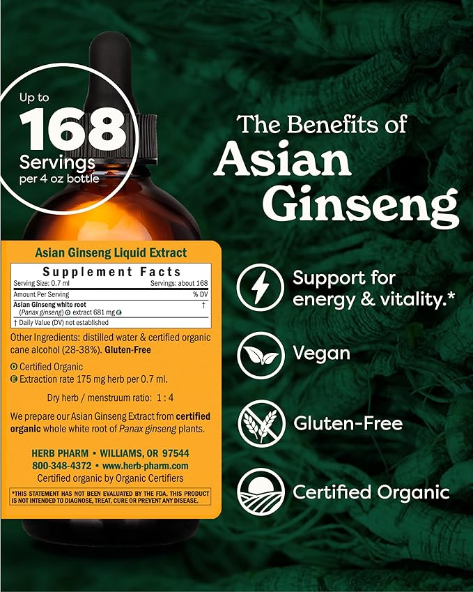 Herb Pharm Asian (Panax) Ginseng Liquid Extract for Energy and Stamina Support - 4 Ounce