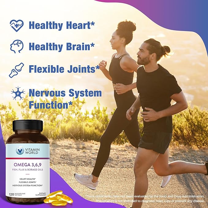 Vitamin World Triple Omega 3-6-9 3000mg with Fish, Flax, Borage & Evening Primrose Oils, Omega-3 Fatty Acids with EPA & DHA, Supports Heart, Brain & Immune Health, Gluten Free, 120 Softgels