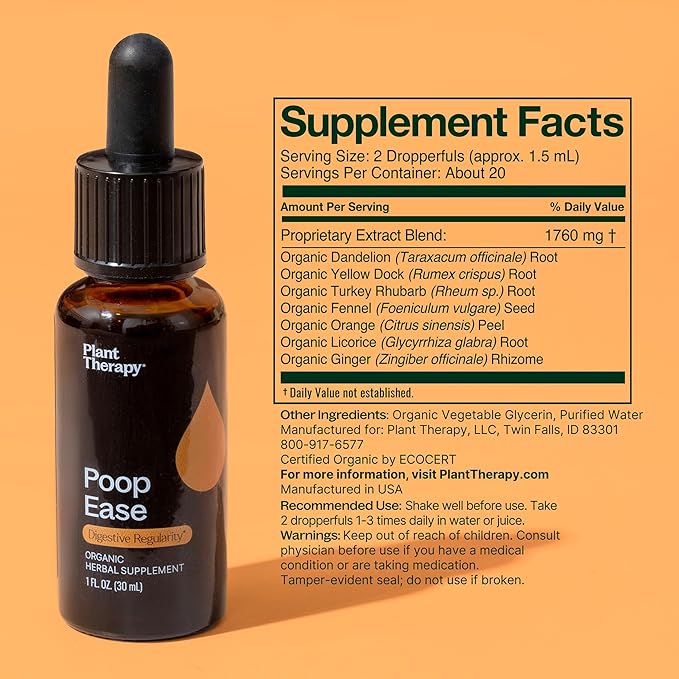 Plant Therapy Organic Poop Ease Tincture 30 mL (1 oz) Helps Relieve Occasional Constipation, Eases Bloating & Stomach Cramps, Organic Glycerin-Based Tincture Blend