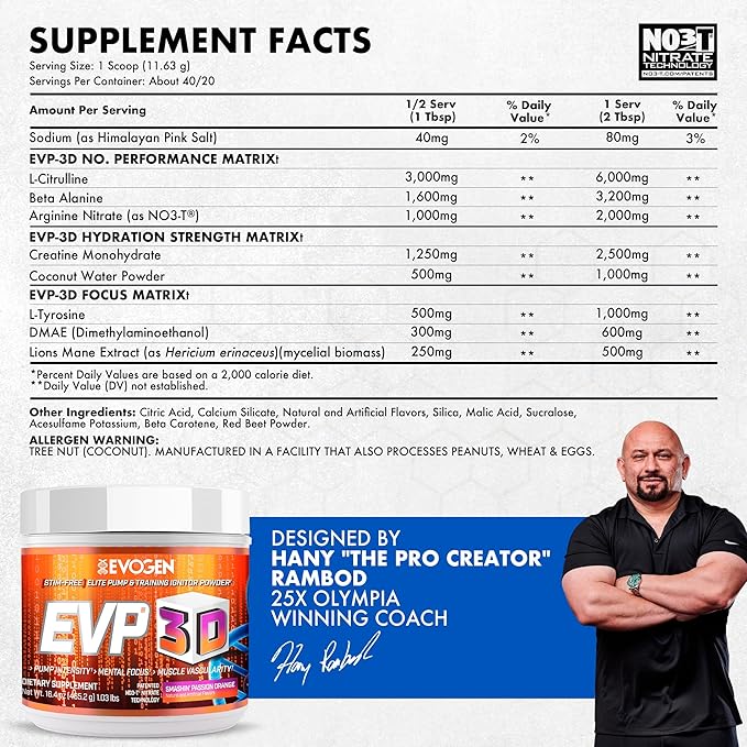 Evogen EVP 3D - Stim Free Pre Workout Powder for Men & Women | Sugar Free Non Stim Preworkout with Beta Alanine and Creatine for Energy & Pump | Orange | 40 Servings