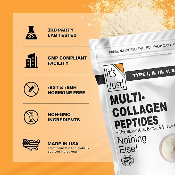 It's Just! - Multi Collagen Peptides, (20oz) Protein Powder, Type I, II, III, V, X w/Biotin, Hyaluronic Acid, Vitamin C - Easy Mixing, Non-GMO, Unflavored, 1.25lb