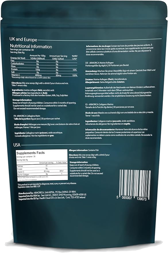 Marine Collagen Powder with Vitamin C – Hydrolyzed for Optimal Absorption | Unflavored & Easily Dissolves | Non-GMO & Microplastic Tested | Skin, Hair & Joint Support | 240g (30 Servings)