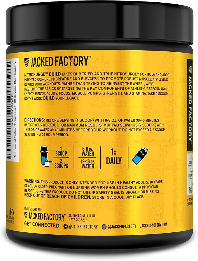 Jacked Factory Nitrosurge Build Pre Workout with Creatine for Muscle Building - Con Cret Creatine Powder & elevATP for Intense Energy, Powerful Pump, & Endless Endurance - 30 Servings, Blue Raspberry