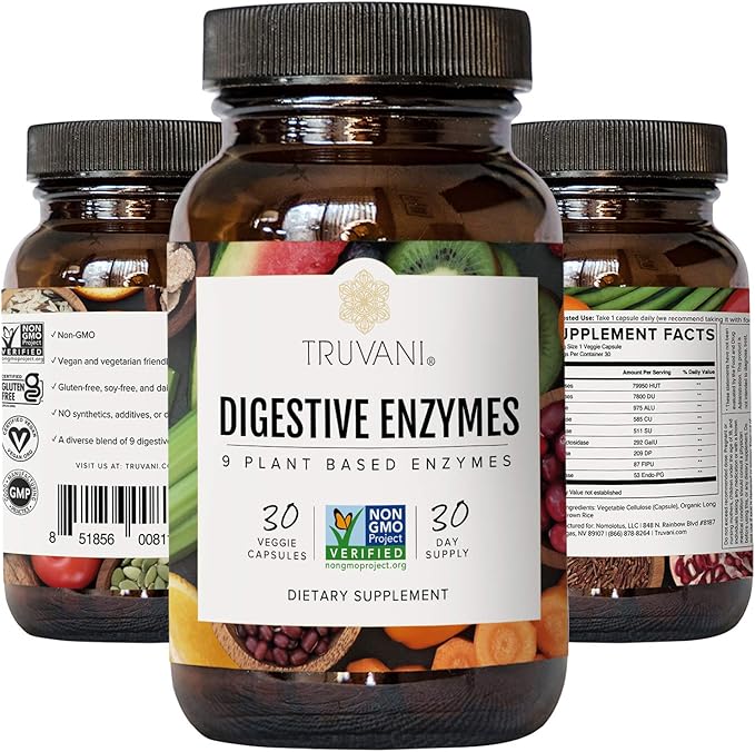 Truvani Digestive Enzymes | 9 Enzyme Blend | Digestive Support | Reduce Bloating | Increased Nutrient Absorption | Non-GMO Capsules| 30 Day Supply