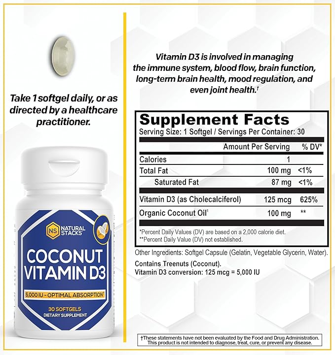 NATURAL STACKS Vitamin D 5000 IU Supplement - with Coconut Oil for Optimal Absorption - Vitamin D Pills for Immunity & Cell Growth - D3 125mcg Cholecalciferol Supplement - 30 D3 Servings