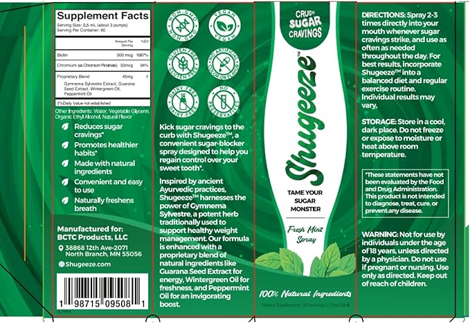 Sugar Craving Suppressant Mint Oral Spray - Fast-Acting, All-Natural Formula with Gymnema Sylvestre Extract - Sugar Blocker Supplement for Appetite Control - 1 oz