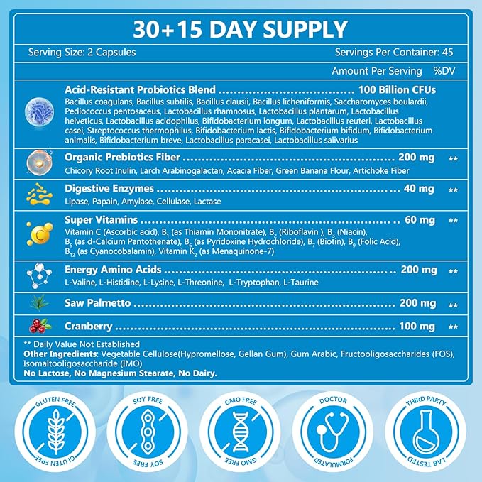 NATURE TARGET Probiotics for Men Digestive Health with Enzymes & Prebiotics, 100 Billion CFUs, Men's Probiotics with Saw Palmetto & Cranberry for Prostate & Urinary Tract Health, 90 Veggie Capsules