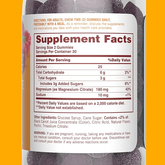 Sundown Magnesium Citrate Gummies, Supports Nerve, Bone & Muscle Health, Vegetarian, Raspberry Flavored, 60 Count