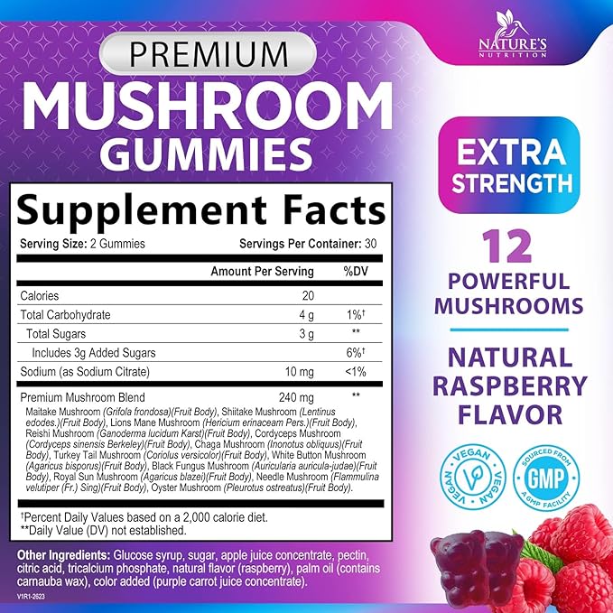 Mushroom Supplement Gummy - 12 in 1 Mushroom Complex with Lions Mane, Reishi, Cordyceps, Chaga & Turkey Tail, Immune Support & Nootropic Supplements for Memory, Brain, Energy & Focus - 60 Gummies