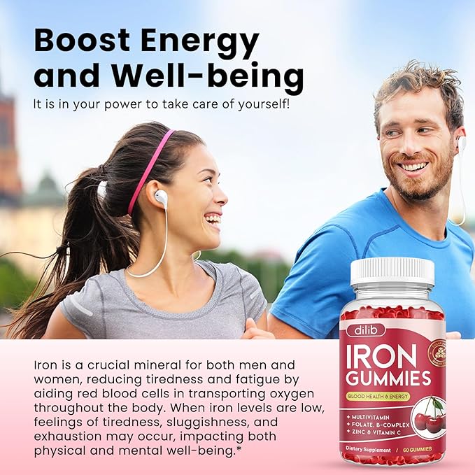 Iron Gummies with Multivitamin, Iron Supplement for Women & Men with Zinc, Vitamin B Complex & C, B12, Folate - Blood Builder & Energy Support for Adults & Kids - Cherry Flavor, Vegan 60 Gummies