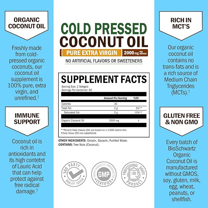 Coconut Oil Capsules 2000mg - Organic Pure Extra Virgin Unrefined Cold Pressed MCT Rich & Non-GMO for Healthy Skin Nails Hair Growth Support Bloating Anti Aging Digestion - 120ct (2 Month Supply)