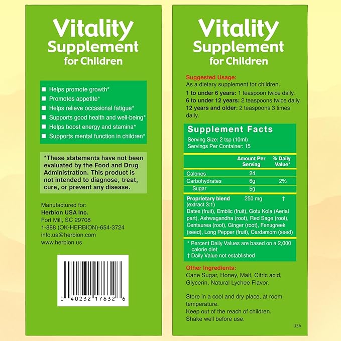 HERBION Naturals Vitality Supplement for Children, Promotes Growth and Appetite, Relieves Fatigue, Improves Mental & Physical Performance, for Kids 1 Year & Above, 5 Fl Oz (Pack of 2)
