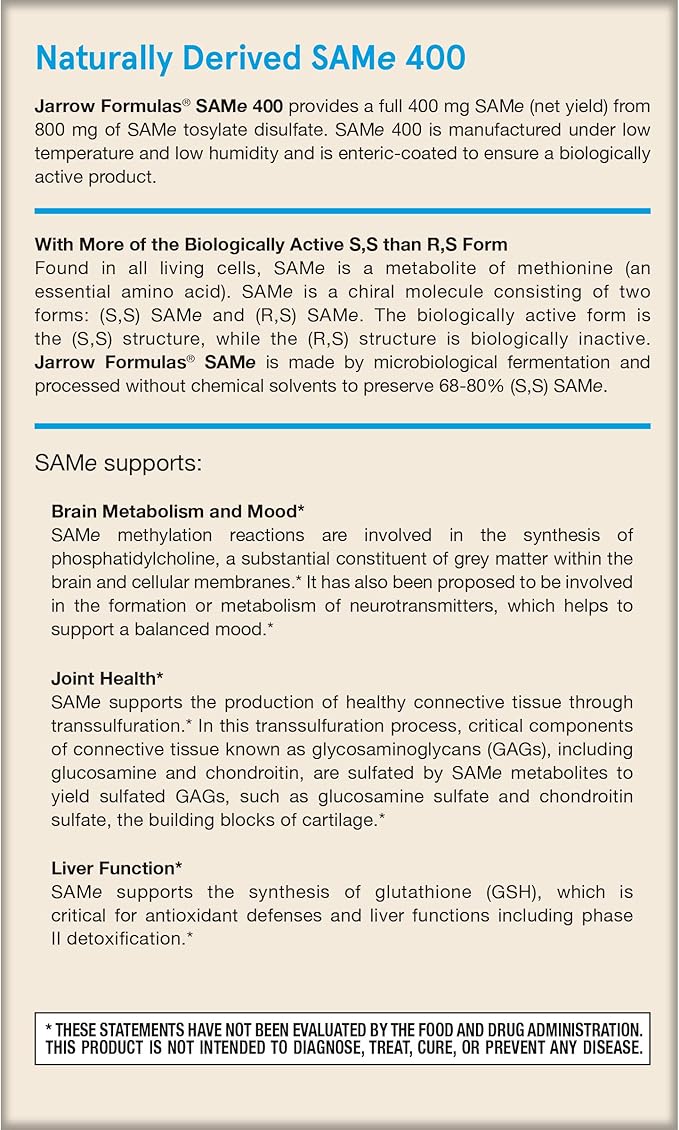 Jarrow Formulas SAMe 400 mg, Supports Joint Health, Liver Function, Brain Metabolism, 60 Tablets, Up To a 60 Day Supply