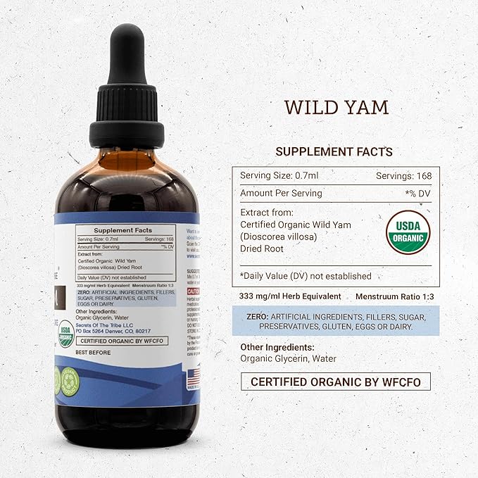 Secrets of the Tribe Wild Yam Alcohol-Free USDA Organic Tincture (Glycerite) Responsibly farmed Wild Yam (Dioscorea Villosa) Dried Root (4 Fl Oz) Hormone Support Supplement