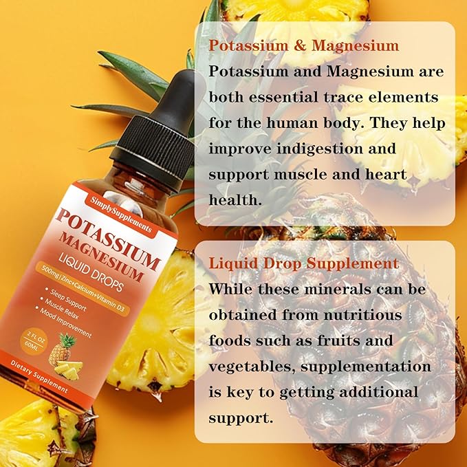 Potassium Magnesium Supplement - Potassium 99mg & 500mg Magnesium Glycinate Complex Liquid Drops with Calcium, Zinc, Vitamin B6, D3 - Energy & Bone & Muscle Support - 2 Fl oz