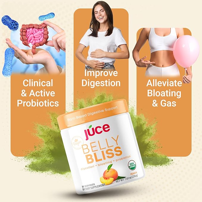 Júce Belly Bliss, Peachy Greens, 30 servings, Probiotics + Greens, Bloating Support with Plant-Based Digestive Enzymes, Dietary Supplement Powder - By Terra Kai Organics