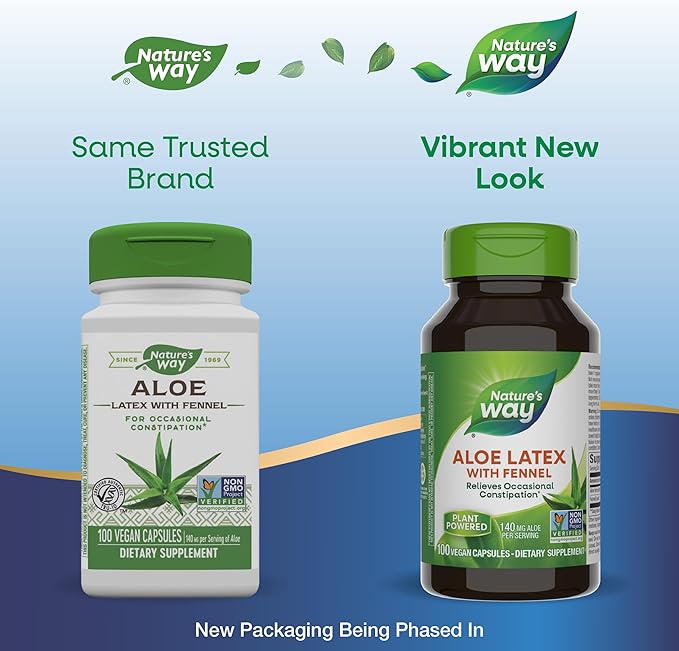 Nature's Way Aloe Latex with Fennel, For Occasional Constipation*, Non-GMO Project Verified, Gluten free, 100 Vegan Capsules (Packaging May Vary)