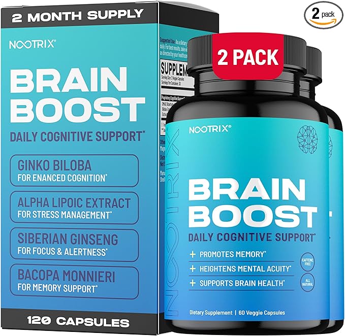 Brain Boost Nootropic Supplement | Supports Memory, Mental Focus, Cognitive Health & Energy | Promotes Healthy Mood & Brain Function | Ginkgo Biloba & DMAE | 120 Capsules