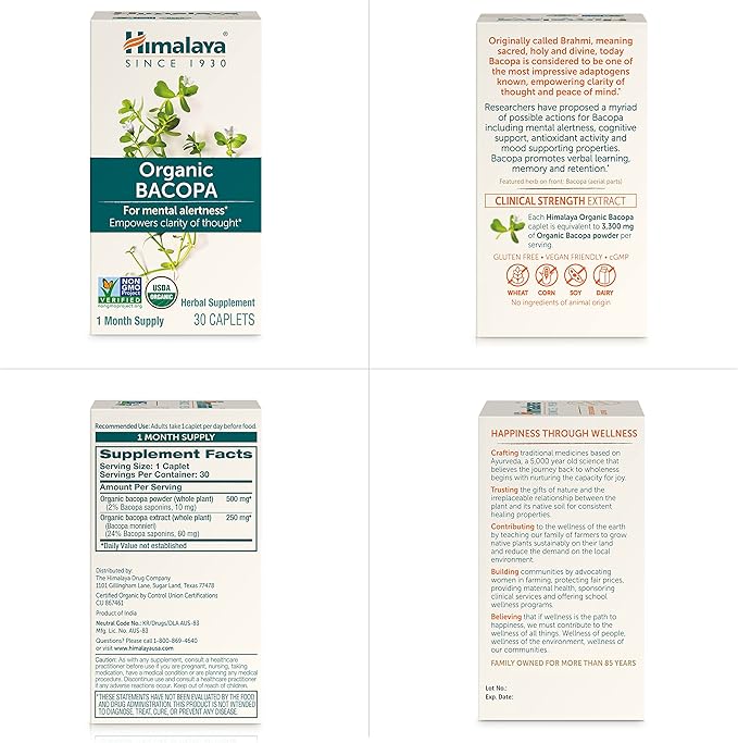 Himalaya Organic Bacopa Monnieri Nootropic Herbal Supplement, Mental Alertness, Supports Calm, Memory, Cognition, USDA Certified Organic, Non-GMO, 750 mg, 30 Plant-Based Caplets, 30 Day Supply
