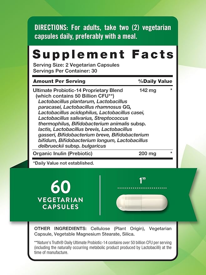 Nature's Truth Probiotic 50 Billion CFU | 200mg Prebiotics | 60 Capsules | Vegetarian, Non-GMO & Gluten Free Supplement for Men and Women | Supports Digestive Health