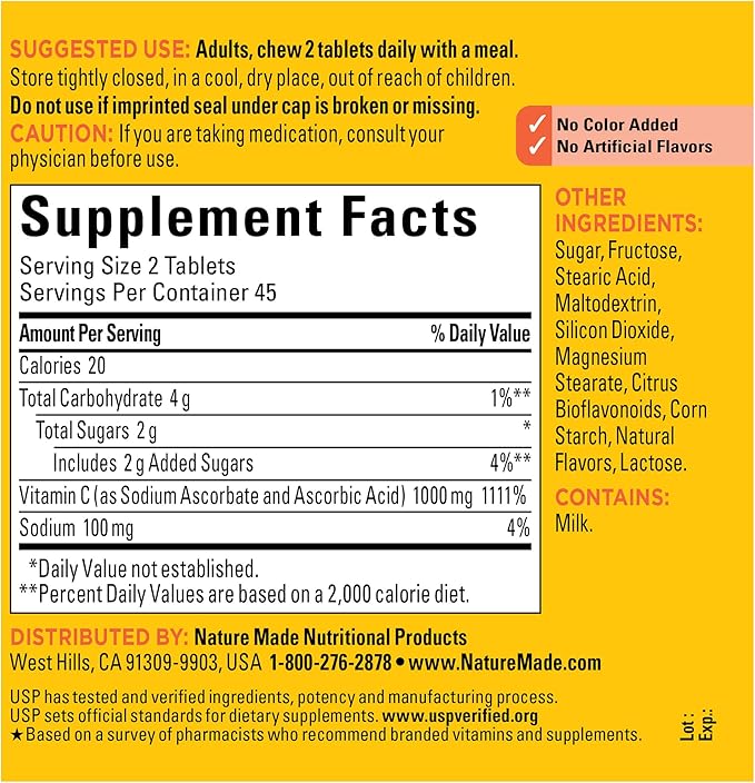 Nature Made Extra Strength Dosage Chewable Vitamin C 1000 mg per Serving, Dietary Supplement for Immune Support, 90 Tablets, 45 Day Supply (Pack of 2)