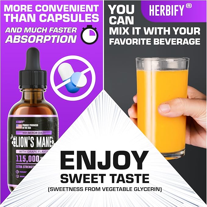 HERBIFY Lions Mane Supplement - Daily Mushroom Supplement for Memory, Focus & Clarity - Brain Booster - Lions Mane Tincture for Immune Support - 4 Fl oz Grape Flavor