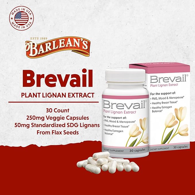 Brevail Plant Lignan Extract Capsules, Proactive Breast Health Supplement with 50 mg SDG Lignans from Flax Seed Hulls for Healthy Estrogen Balance and PMS Mood Support Pills, 30 Count