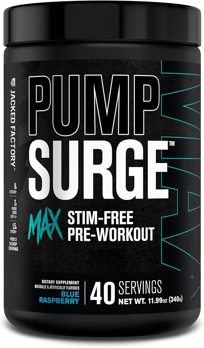 Jacked Factory Pumpsurge Max Stim Free Pre Workout - High-Performance Caffeine Free Pre Workout with L-Citrulline, N03-T Arginine Nitrate & Glutathione - 40 Servings, Blue Raspberry