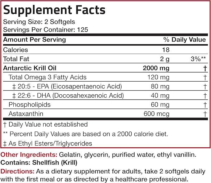 Bronson Antarctic Krill Oil 2000 mg with Omega-3s EPA, DHA, Astaxanthin and Phospholipids, 250 Softgels (125 Servings)