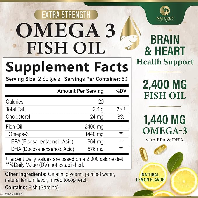 Nature's Peak Fish Oil 2400 mg - Triple Strength Fish Oil Supplement, Omega 3 Fish Oil w/EPA & DHA Fatty Acids for Healthy Heart Support, Burpless Omega 3 Supplements, 60 Day Supply - 120 Softgels