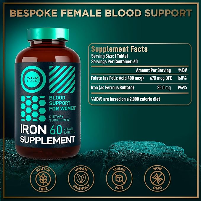 Iron Supplement for Women with Folic Acid - 35 mg Blood Builder Ferrous Sulfate, Folic Acid 400 mcg - Iron Pills for Women with Anemia & Pregnancy Support - 60 Gluten-Free, Vegan Iron Vitamin Tablets