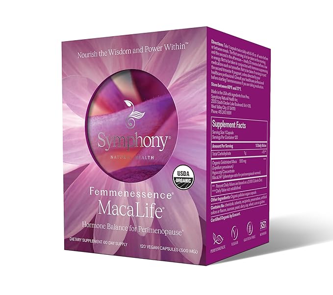 Femmenessence MacaLife – Clinically Proven for Perimenopause, Women’s Natural Hormone Balance Supplements, Relief of Hot Flashes, Mood Swings, Dryness, 120 Organic Maca Root Capsules, 60-Day Supply