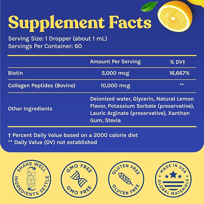 WINDSOR BOTANICALS Liquid Collagen for Women and Men - Hair, Skin, Nails Vitamins - Lemon Flavor Collagen Peptides Hair Growth Drink - 5,000mcg Biotin, 10,000mcg - US Made - 2x2oz