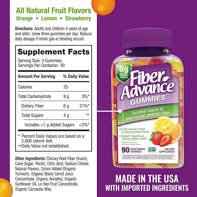 Fiber Advance Gummies | 100% Plant Based Fiber Supplement for Digestive Health | Chicory Root Inulin Prebiotic Gummies for Adults | Gluten Free, Vegetarian, & Non-GMO (Pack of 3)