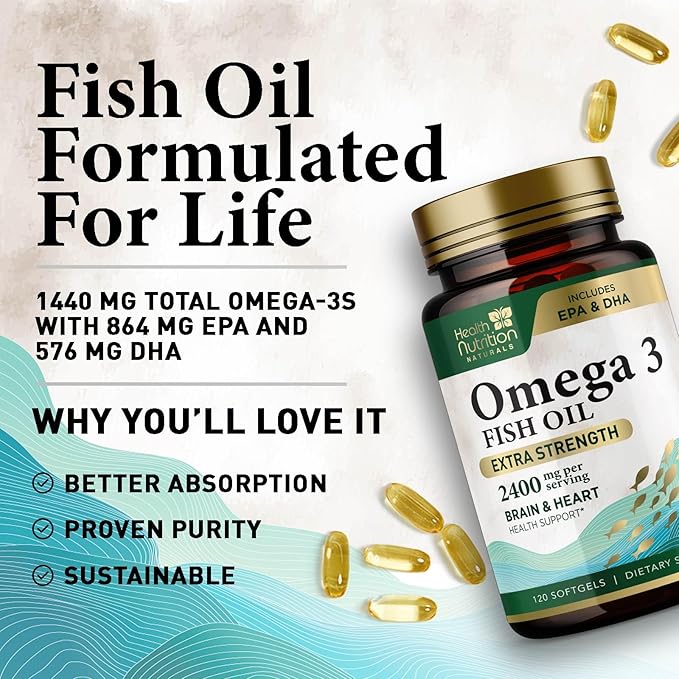 Omega 3 Fish Oil Triple Strength 1200 mg Softgels, Omega-3 Supplements, Natural Brain Heart Health & Immune Support - Fatty Acids with EPA & DHA - Wild Caught Fish Oil Supplement - 120 Softgels