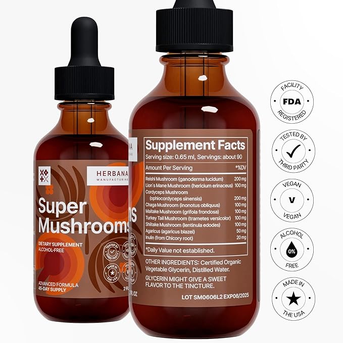 Super Mushrooms 8-in1 - 2 fl oz Liquid Extract - Brain Booster & Immune Support Drops - Reishi, Lion`s Mane, Cordyceps, Chaga, Mitake, Turkey Tails, Shiitake, Agaricus - High Potency - 45-Day Supply