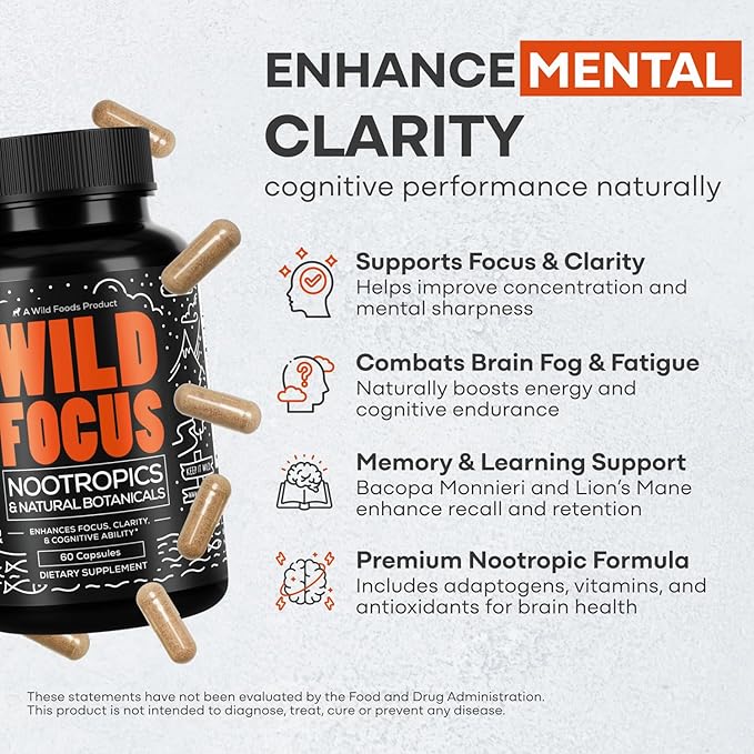 Wild Focus Brain Supplements | Caffeine-Free, Plant-Based Botanicals | Lions Mane, Ginkgo Biloba, Bacopa Monnieri, Lemon Balm | 100% Natural Nootropic | 60 caps