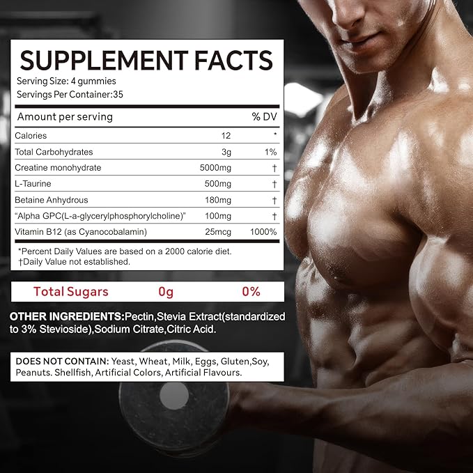 140 Count Creatine Monohydrate Gummies, 5000mg Creatine Monohydrate No Sugar Gummies for Women & Men with L-Taurine, Vitamin B12 for Muscle Strength, Muscle Recovery, Glute Builder, Energy Boost