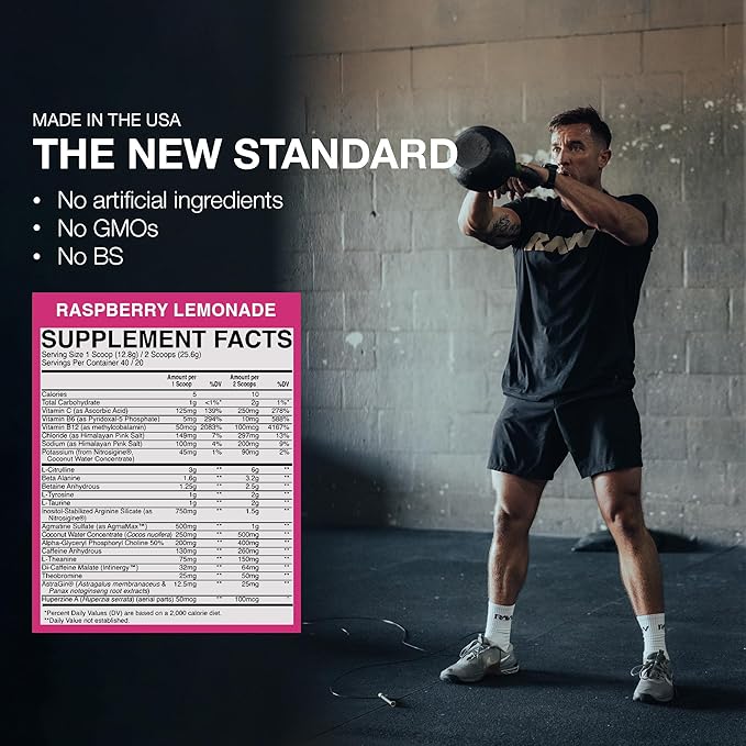 RAW Pre Workout Powder, Thavage (Raspberry Lemonade) - Chris Bumstead Sports Nutrition Supplement for Men & Women - Cbum Pre Workout for Working Out, Hydration, Mental Focus & Energy - 40 Servings