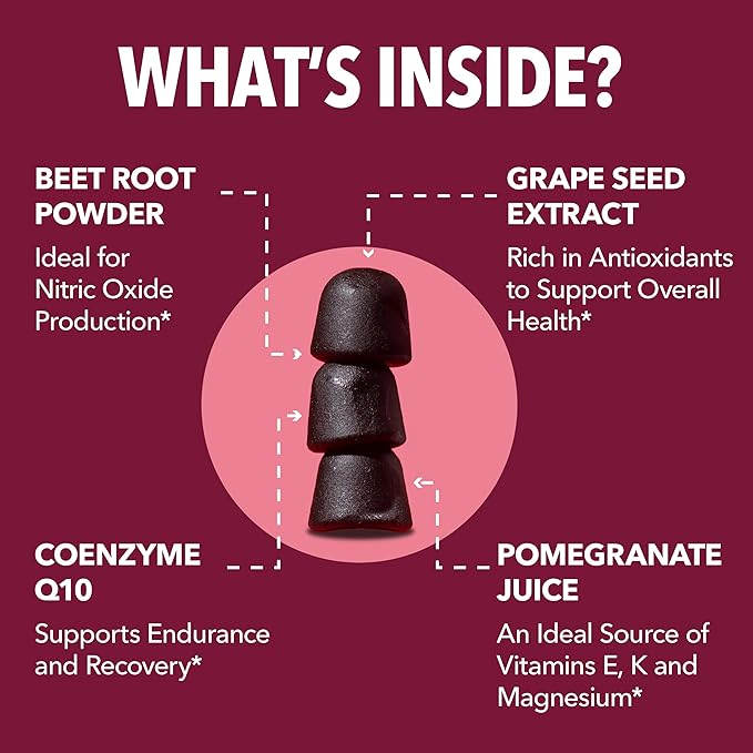 Beet Root Gummies with COQ10 & Pomegranate - Nitric Oxide Supplement for Men and Women - Beetroot for Endurance, Performance, Recovery - Vegan, Non-GMO, Gluten Free - Mixed Berry Flavor, 120 Count