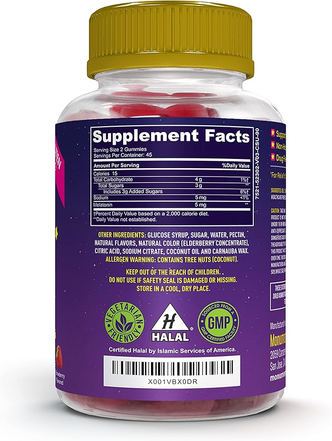 Gummy ZZZs Melatonin, Gelatin-Free, Drug-Free, Vegetarian, Vegan-Friendly, Halal Certified, Gluten-Free, Delicious Strawberry Flavor, Kosher-Friendly, For Adults, Men, Women, 90 count