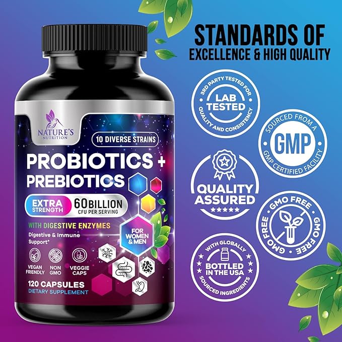 Daily Probiotic for Women & Men 60 Billion CFU 10 Strains Supplement Lactobacillus Probiotics - Digestive Gut & Immune Health Support - Supports Occasional Constipation, Gas & Bloating - 120 Capsules
