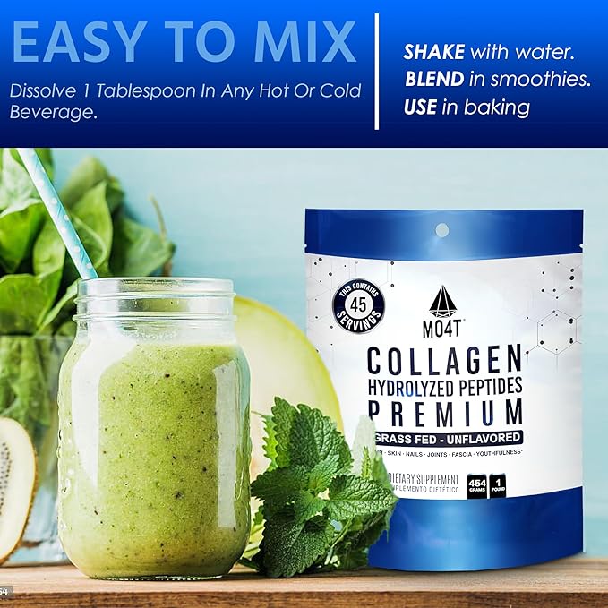 MO4T Collagen Peptides- Collagen Powder- Hydrolyzed Collagen- Grass fed - Colageno Hidrolizado -Unflavored Collagen (1 Pound)
