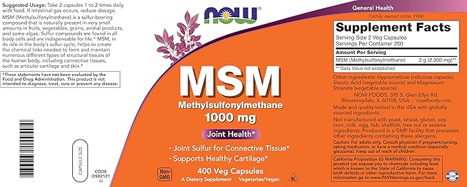 Now MSM 1000mg Veg Capsules, 400 Count Methyl-Sulphonyl-Methane, Made in USA, Sulfur Supplement, Joint Health, Non-GMO, Vegan Vegetarian Friendly