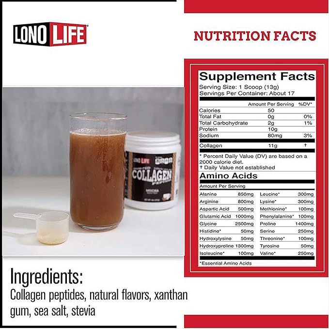 LonoLife - Mocha Collagen Peptides with 10g Protein, Paleo and Keto Friendly, 8-Ounce Bulk Container - Packaging May Vary