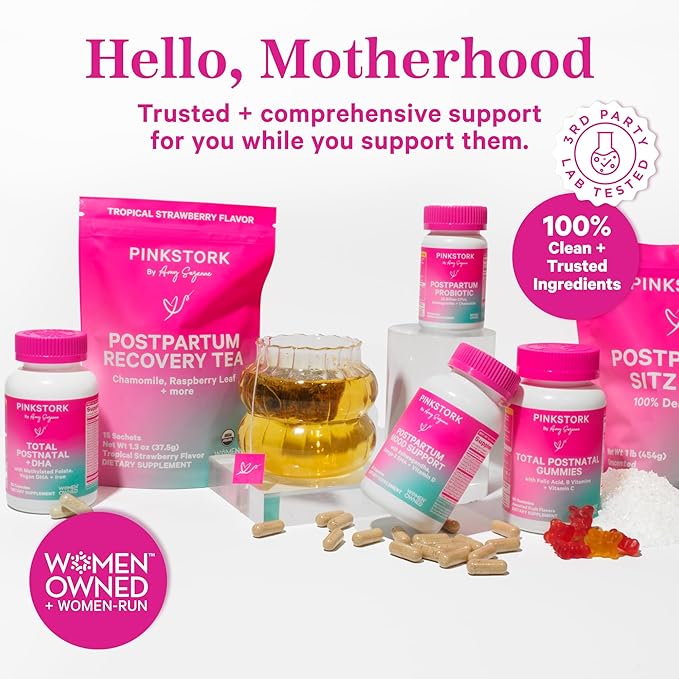 Pink Stork Total Postnatal Vitamins for Women with Vegan DHA, Iron, Folate, and Vitamin B12, Postpartum Recovery Essentials, Daily Supplement for Breastfeeding Moms - 3 Month Supply