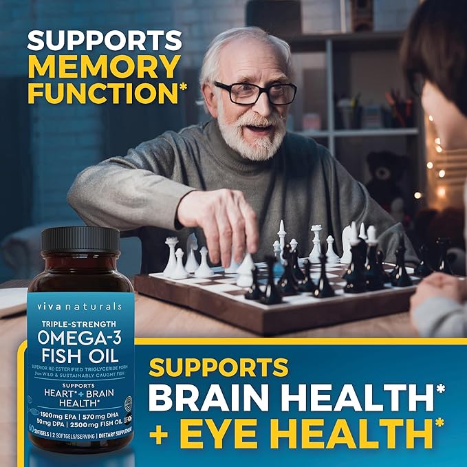 Viva Naturals Omega 3 Fish Oil Supplement for Women and Men - 2500 mg Triple Strength Fish Oil Pills with Re-Esterified Omega 3 Fatty Acids Including EPA, DHA DPA - 60 Pescatarian-Friendly Softgels